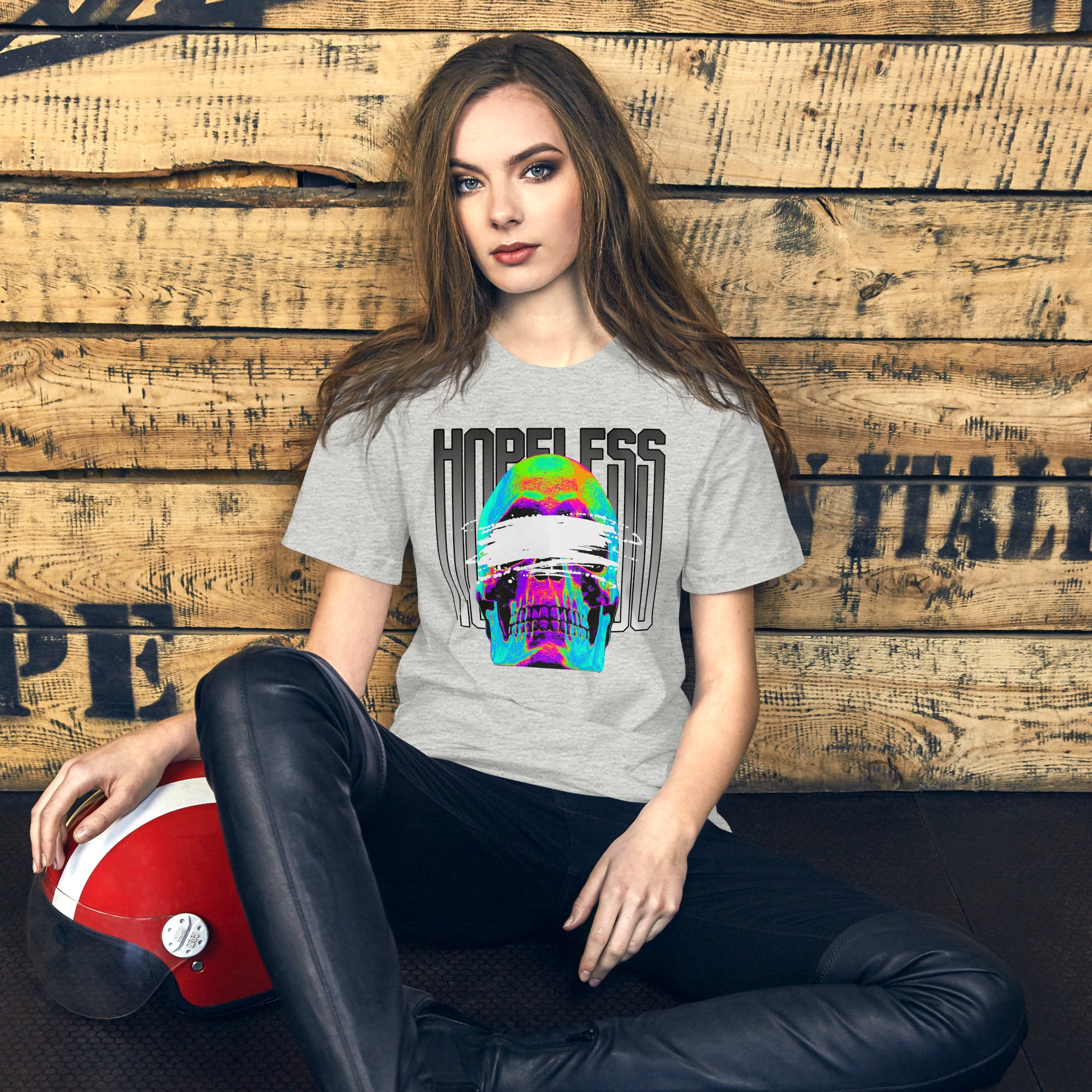 Blindfolded skull in thermal heat-map colors with bold chrome HOPELESS text, psychological horror design, Artificial Perdition apparel