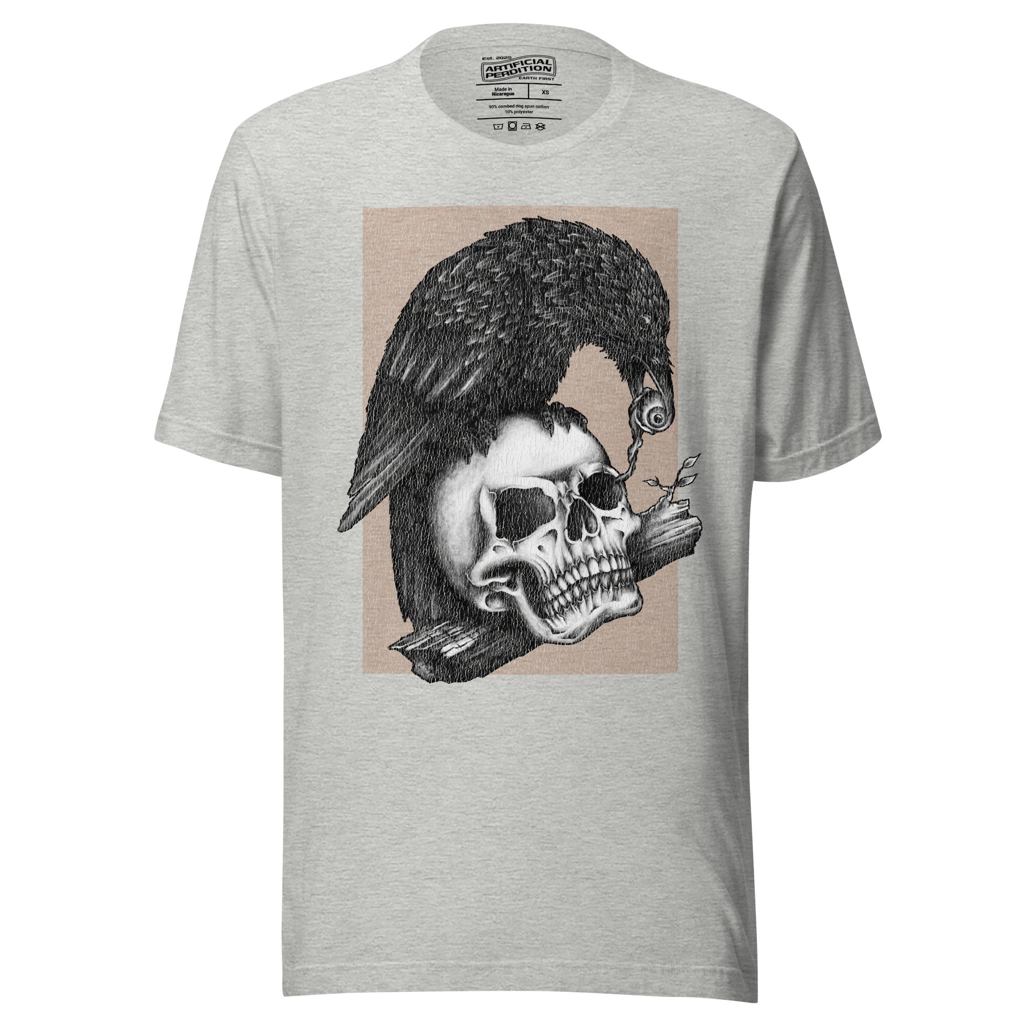 Product mockupGraphite illustration of a black corvid perched on a human skull removing the eye, sprouting branch beside it, Last Look, Artificial Perdition apparel