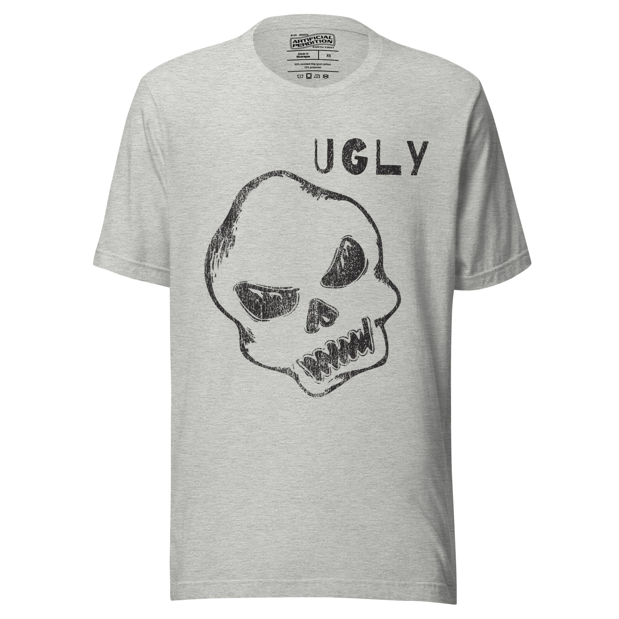 Crude hand-drawn skull with mismatched eye sockets and UGLY text in the upper corner, anti-polish graphic design, Artificial Perdition apparel