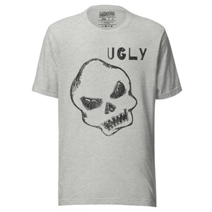 Crude hand-drawn skull with mismatched eye sockets and UGLY text in the upper corner, anti-polish graphic design, Artificial Perdition apparel