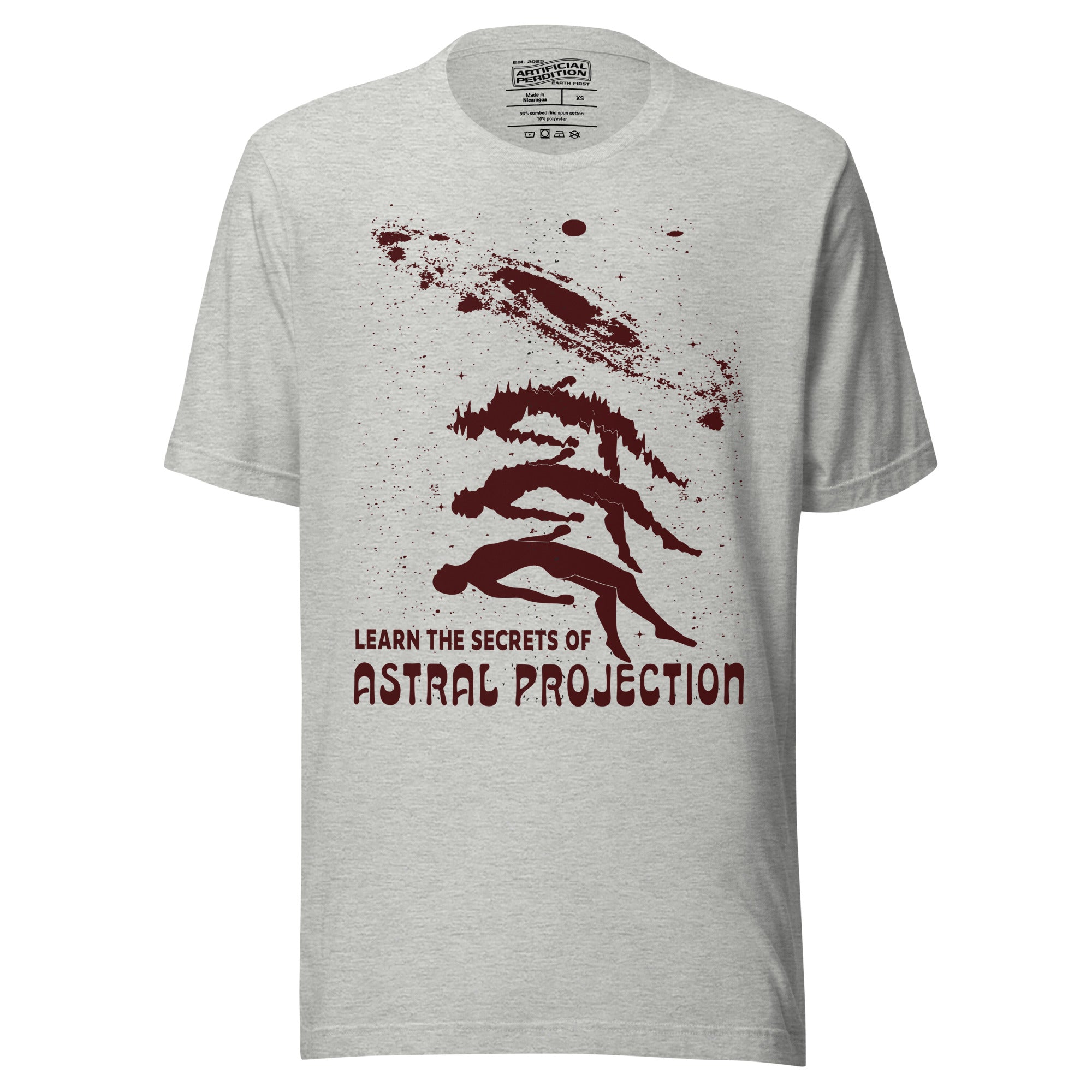 Three figures rising from a reclining body toward a spiral galaxy with Learn the Secrets of Astral Projection text, retro occult advertisement style, Artificial Perdition apparel
