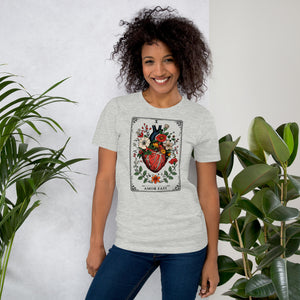 Tarot card illustration numbered X with an anatomical heart in bloom surrounded by wildflowers and vines, Amor Fati, Artificial Perdition apparel