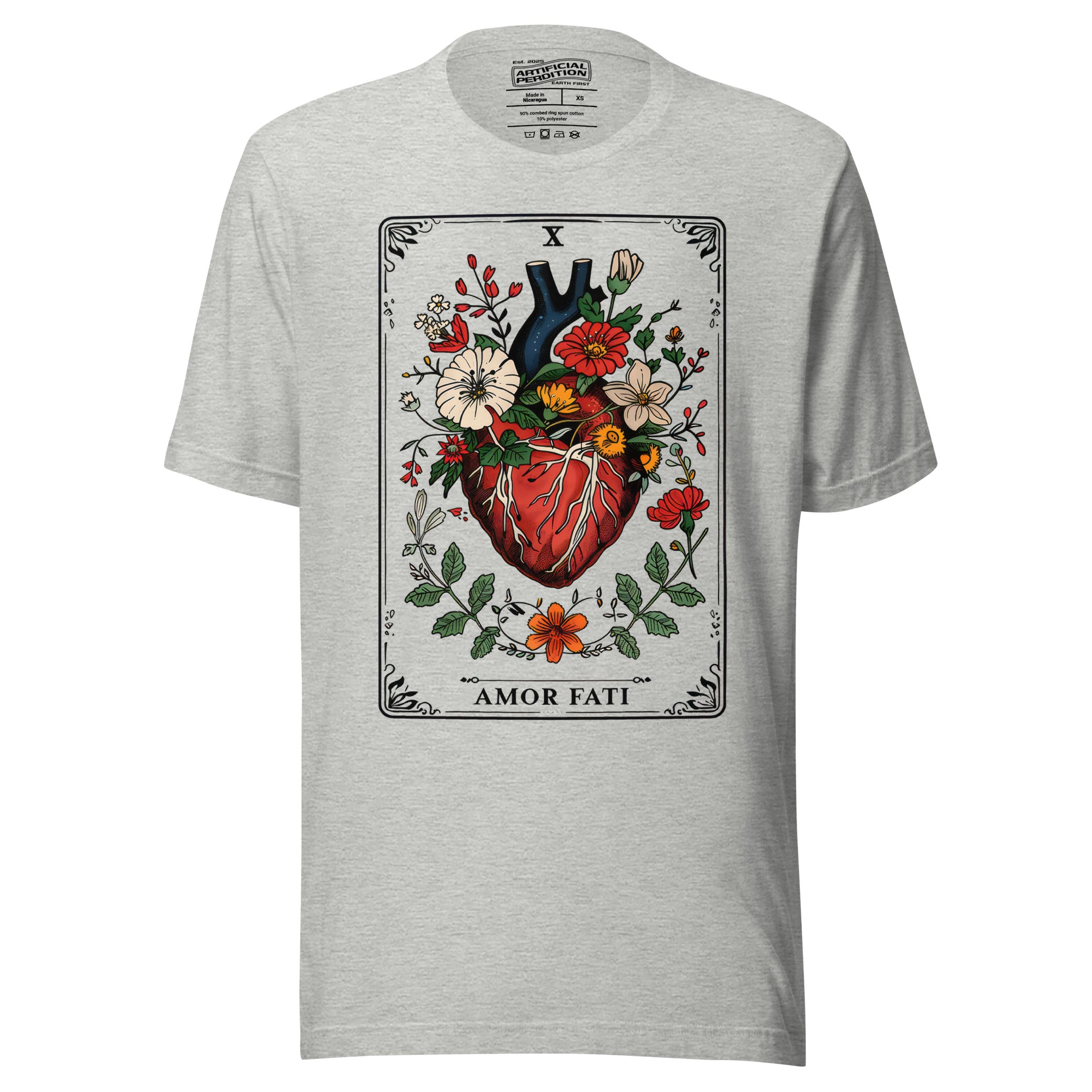 Tarot card illustration numbered X with an anatomical heart in bloom surrounded by wildflowers and vines, Amor Fati, Artificial Perdition apparel