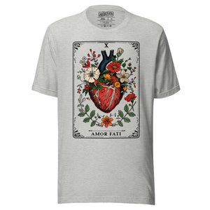 Tarot card illustration numbered X with an anatomical heart in bloom surrounded by wildflowers and vines, Amor Fati, Artificial Perdition apparel