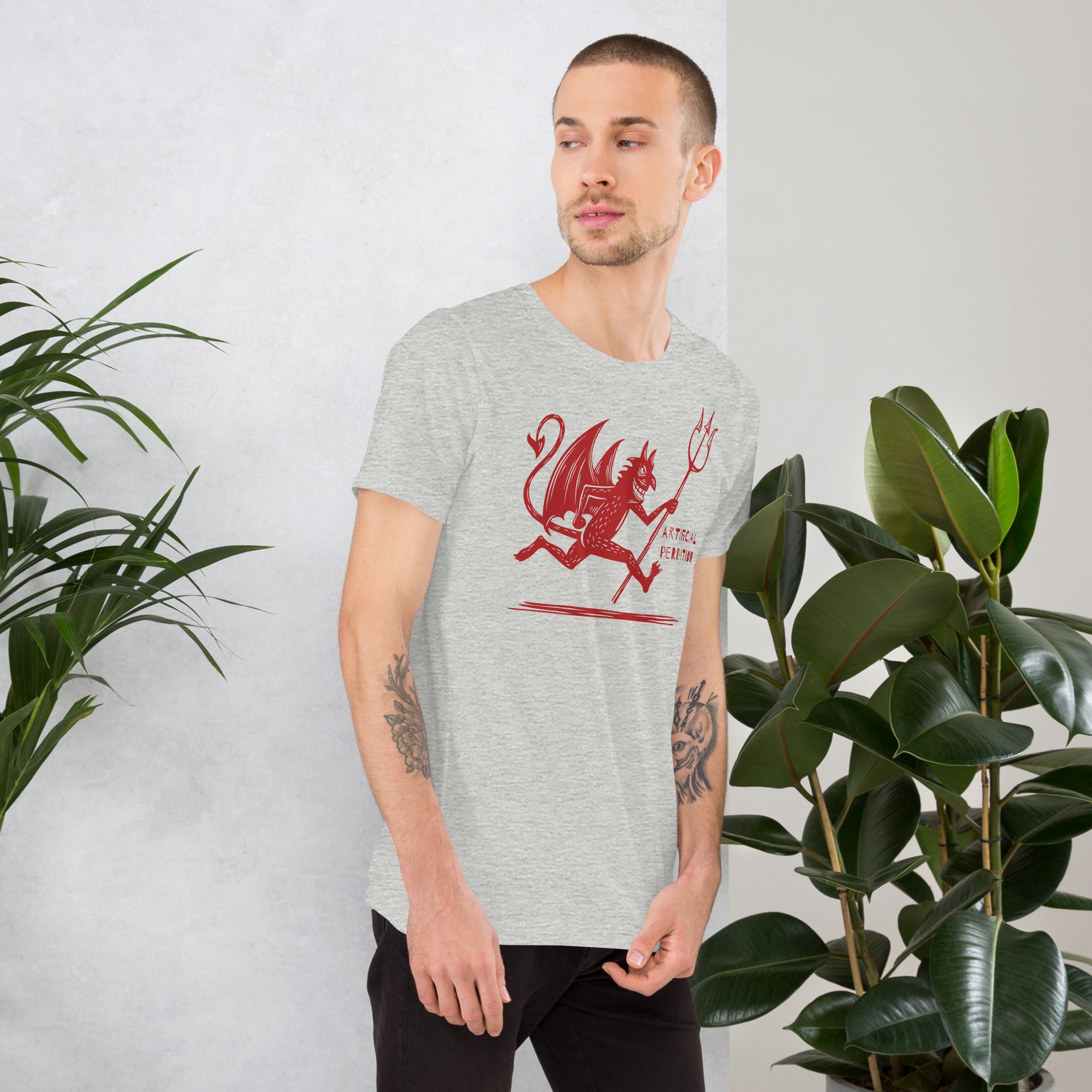 Artificial Perdition devil mascot, red illustrated devil mid-stride with trident and brand name, hand-drawn style on black, official logo tee