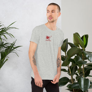 Artificial Perdition devil mascot, red illustrated devil mid-stride with trident and brand name, hand-drawn style on black, official logo tee