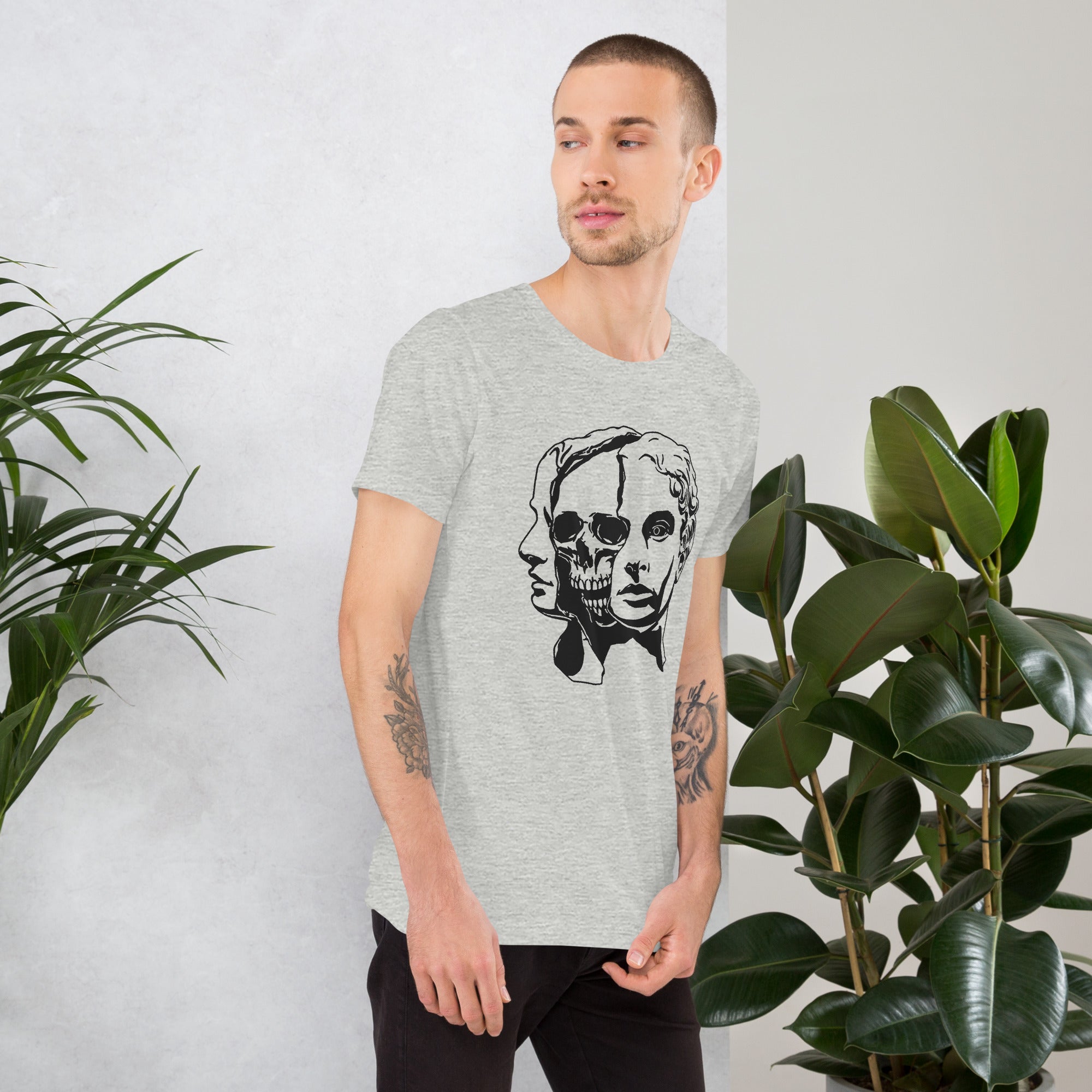 Split face illustration, half classical sculpture bust and half skull, black and white high contrast, Dead Inside, Artificial Perdition apparel