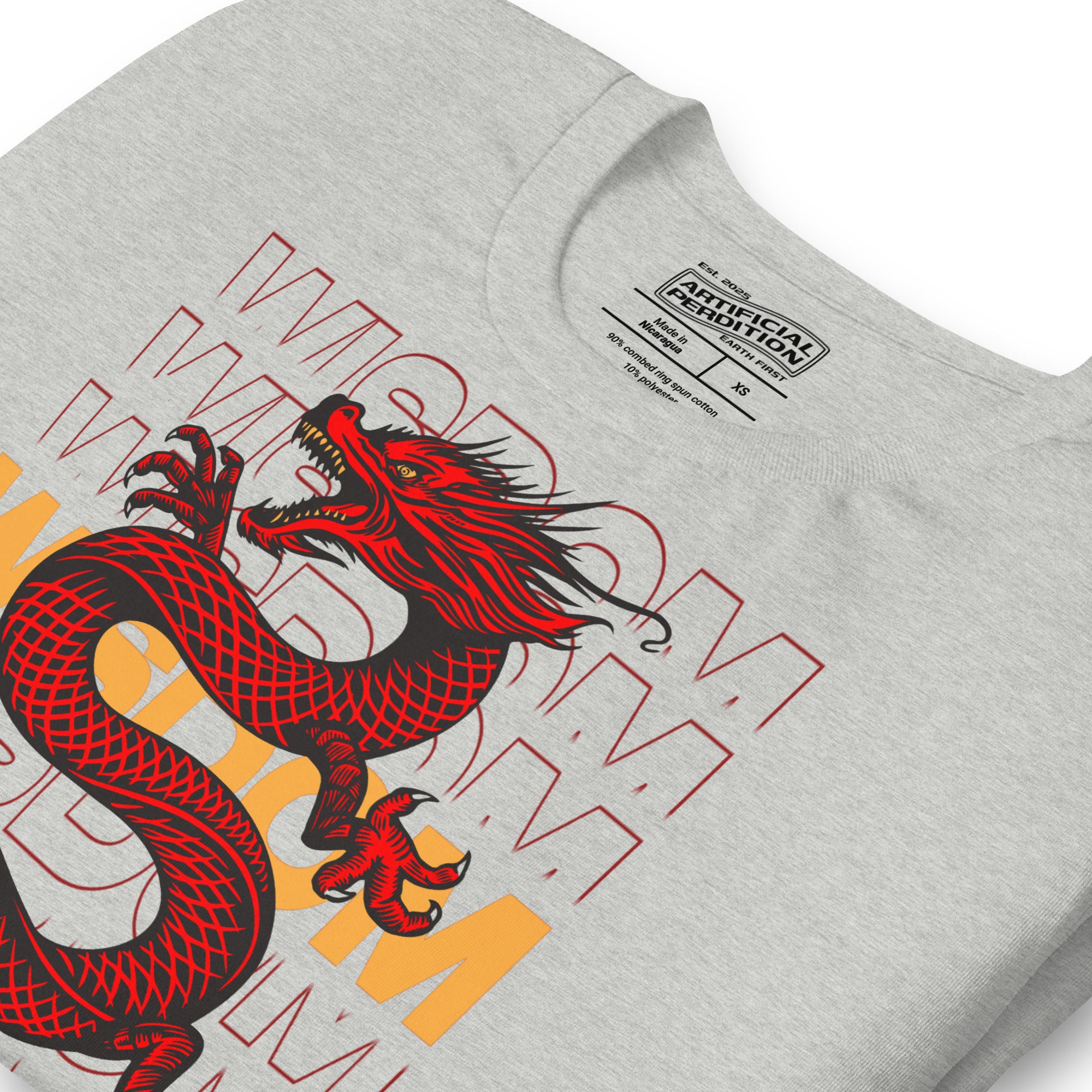 Red and black Chinese dragon with katana and WISDOM typography, bold graphic apparel design by Artificial Perdition
