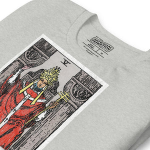 The Hierophant tarot card, triple-crowned figure seated between pillars with crossed keys and kneeling acolytes, Rider-Waite style, Artificial Perdition