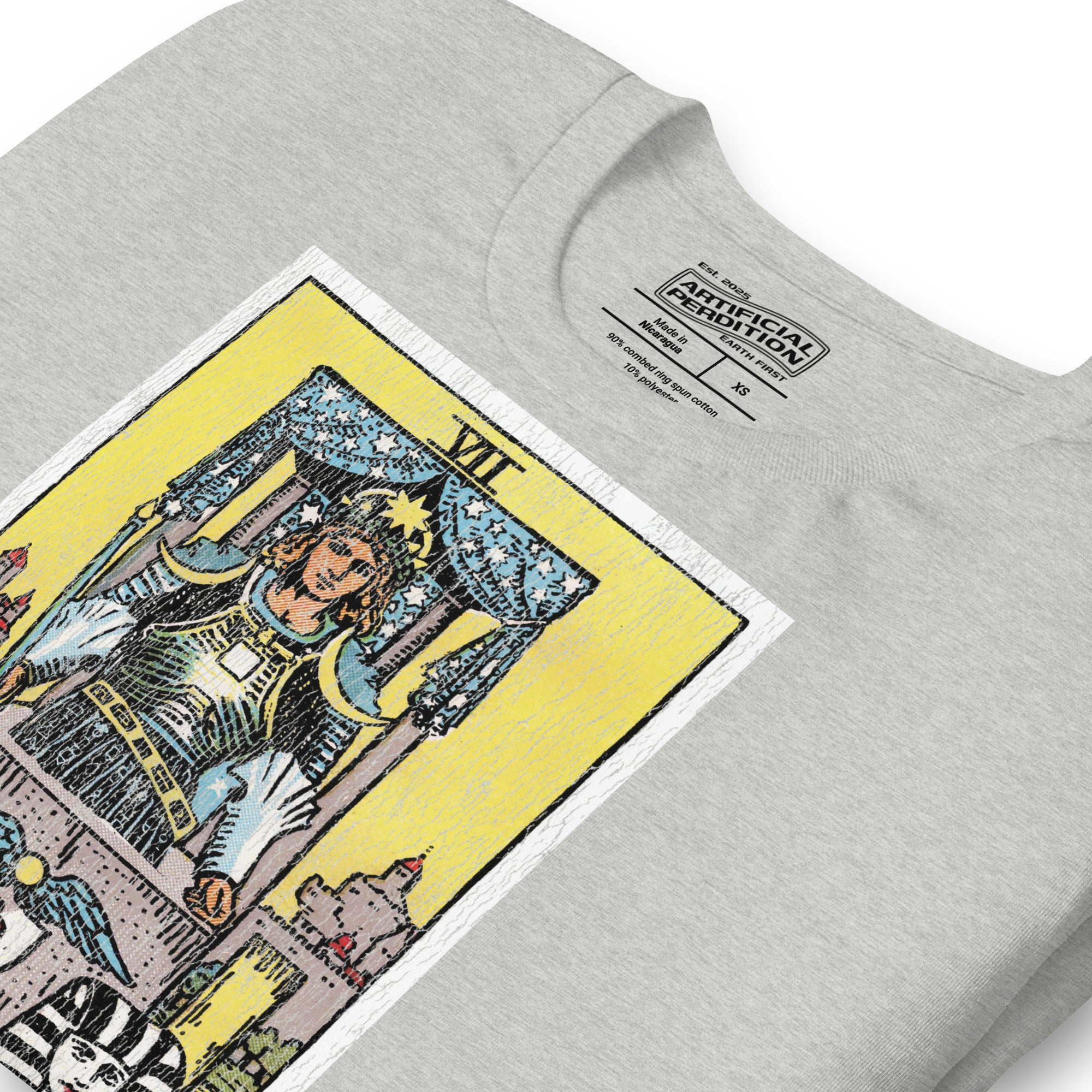 The Chariot tarot card, armored figure with starred crown riding chariot drawn by black and white sphinxes, city walls behind, Rider-Waite style, Artificial Perdition