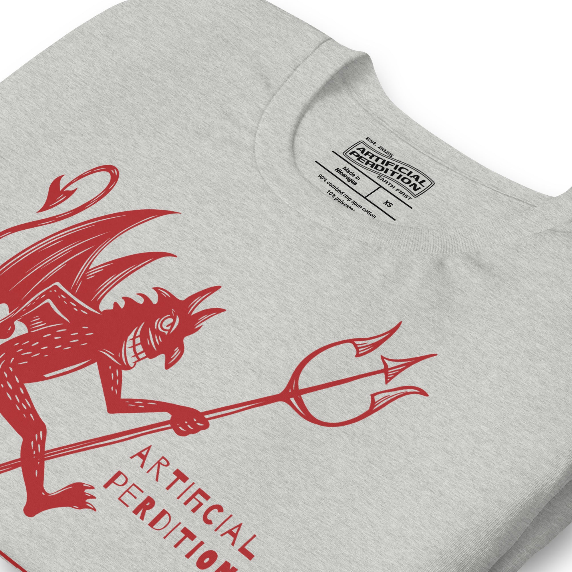 Artificial Perdition devil mascot, red illustrated devil mid-stride with trident and brand name, hand-drawn style on black, official logo tee