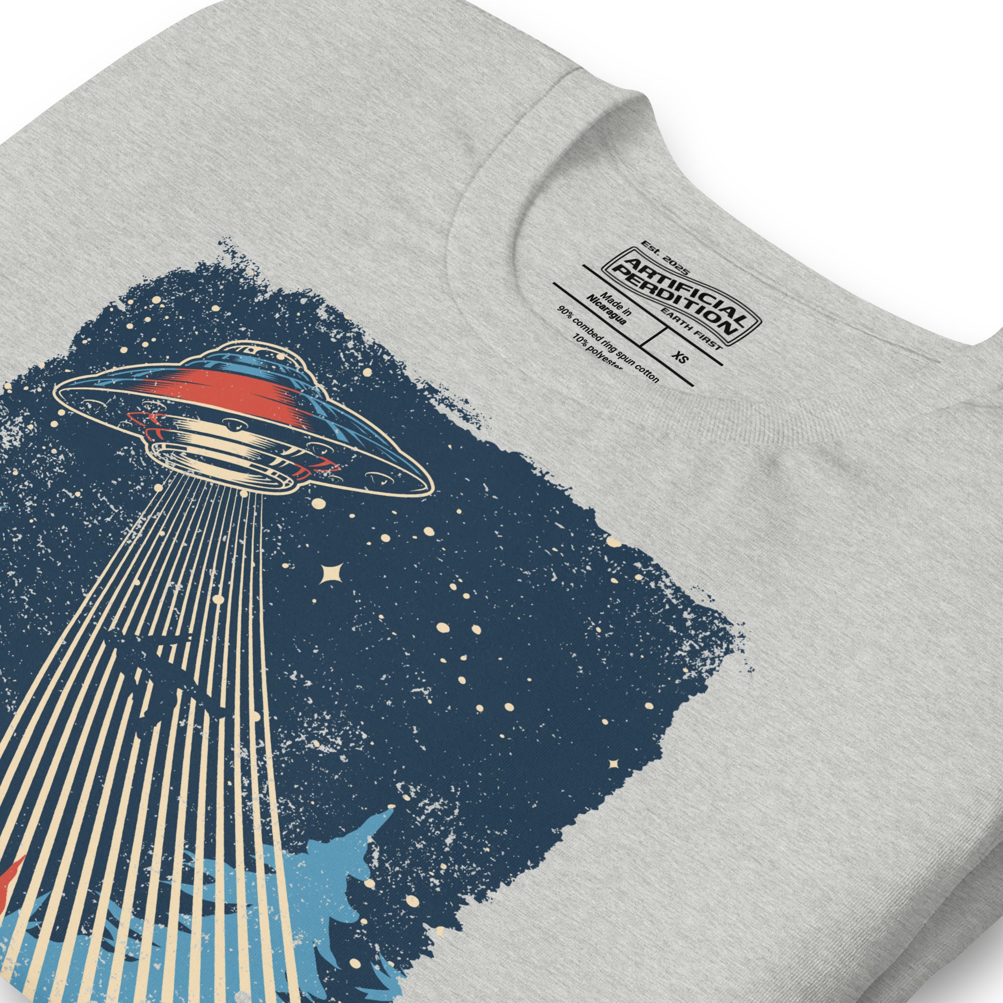 Retro poster style UFO beaming down into a midnight forest with I WANT TO LEAVE text, red and blue palette, Artificial Perdition apparel