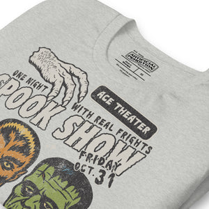 Product mockupVintage spook show poster style back print with three classic monster faces and Midnight Spook Show text, retro Halloween design, Artificial Perdition apparel