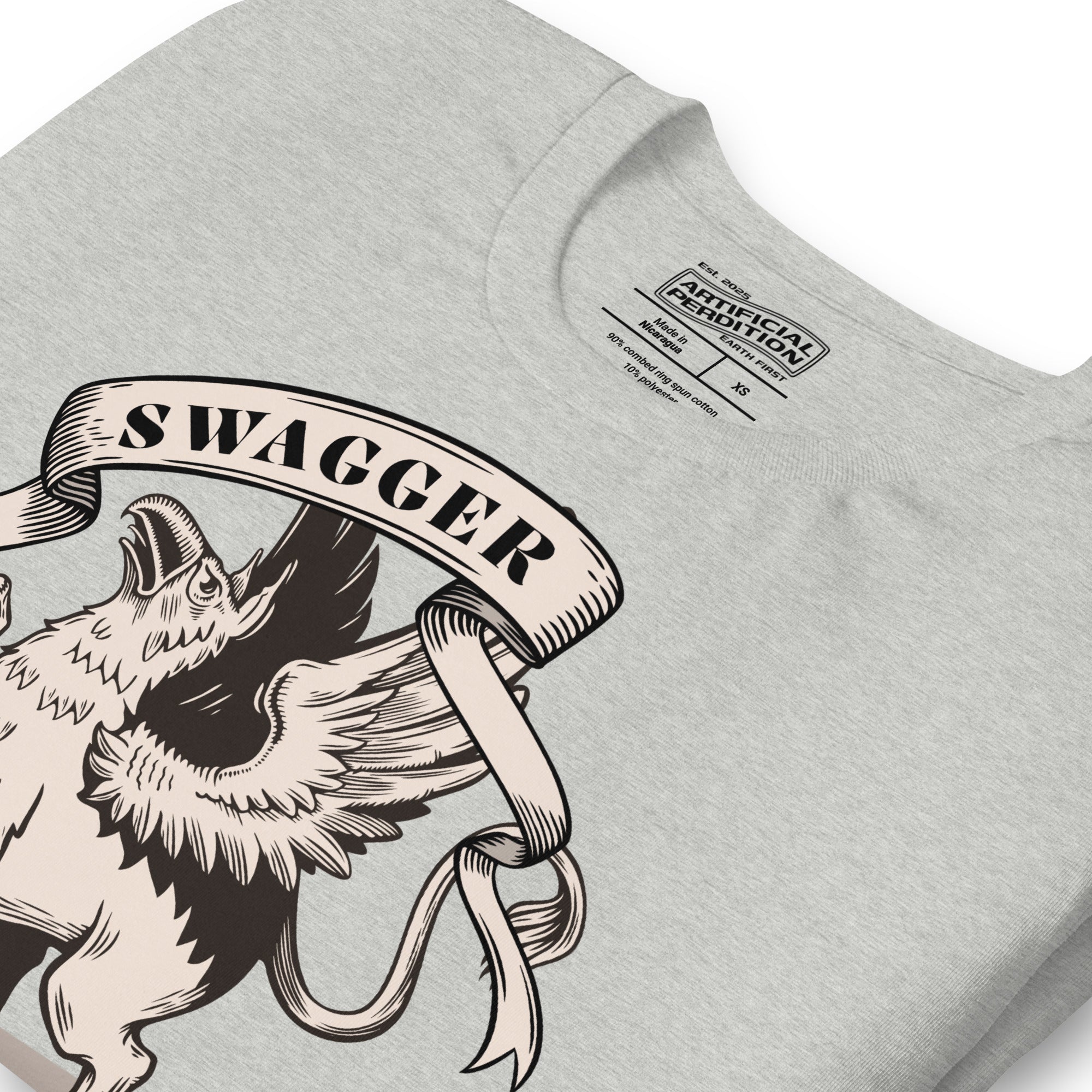 Rampant griffin in heraldic engraving style with Swagger banner ribbon, cream and black illustration, Artificial Perdition apparel
