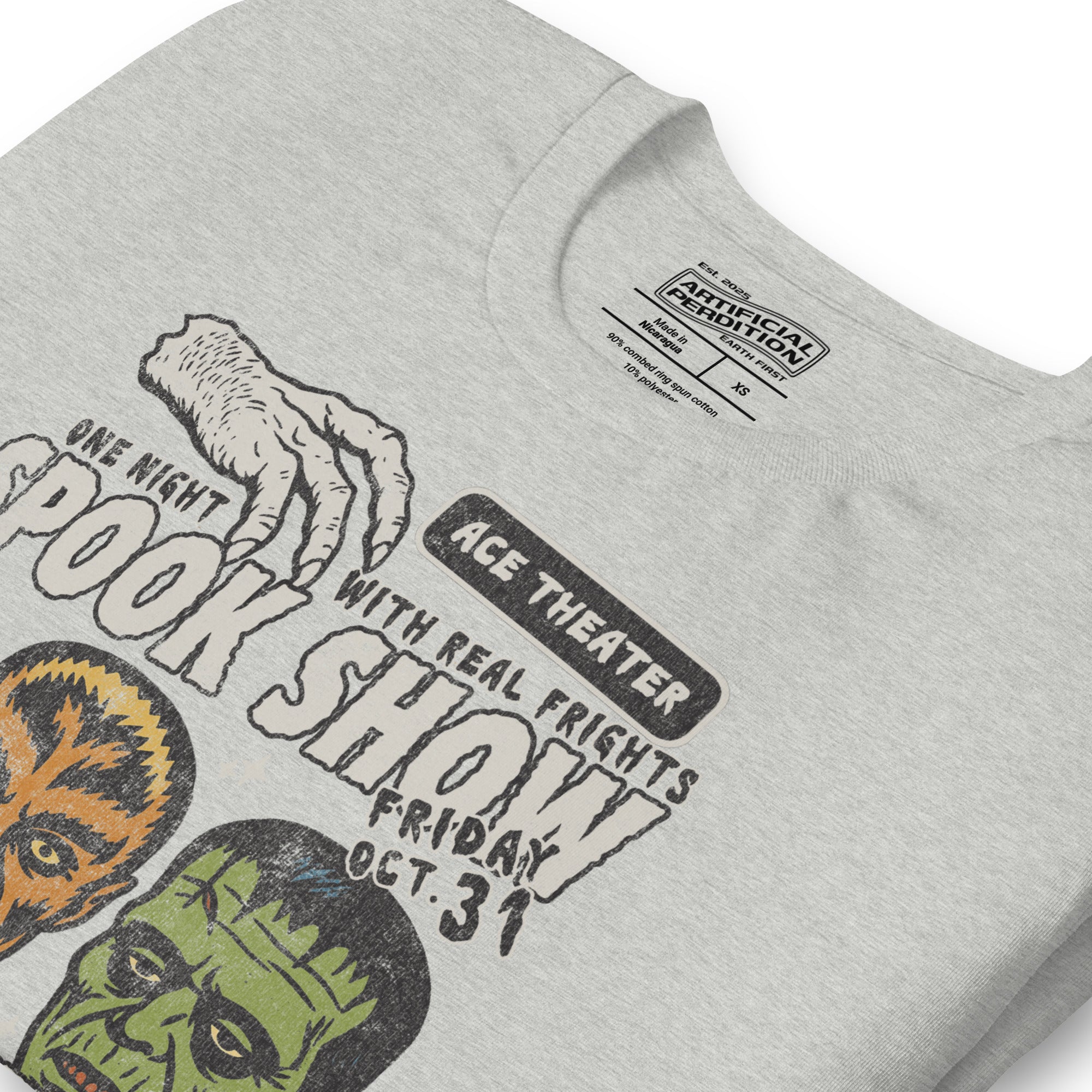 Vintage spook show poster front print with three classic monster faces, Ace Theater and Monster Mania text, distressed style on black, Artificial Perdition apparel