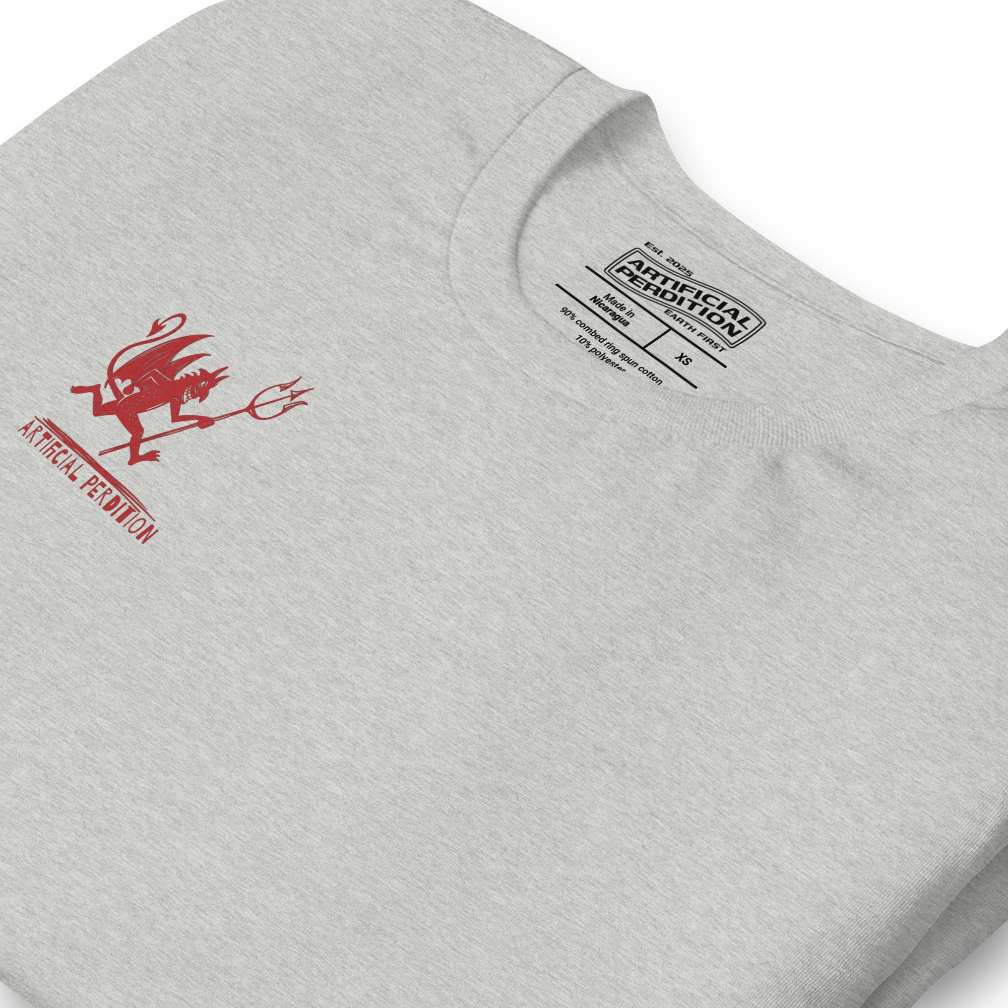 Artificial Perdition devil mascot, red illustrated devil mid-stride with trident and brand name, hand-drawn style on black, official logo tee