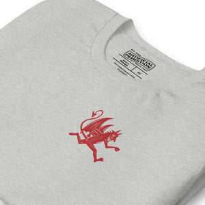 Artificial Perdition devil mascot, red illustrated devil mid-stride with trident and brand name, hand-drawn style on black, official logo tee