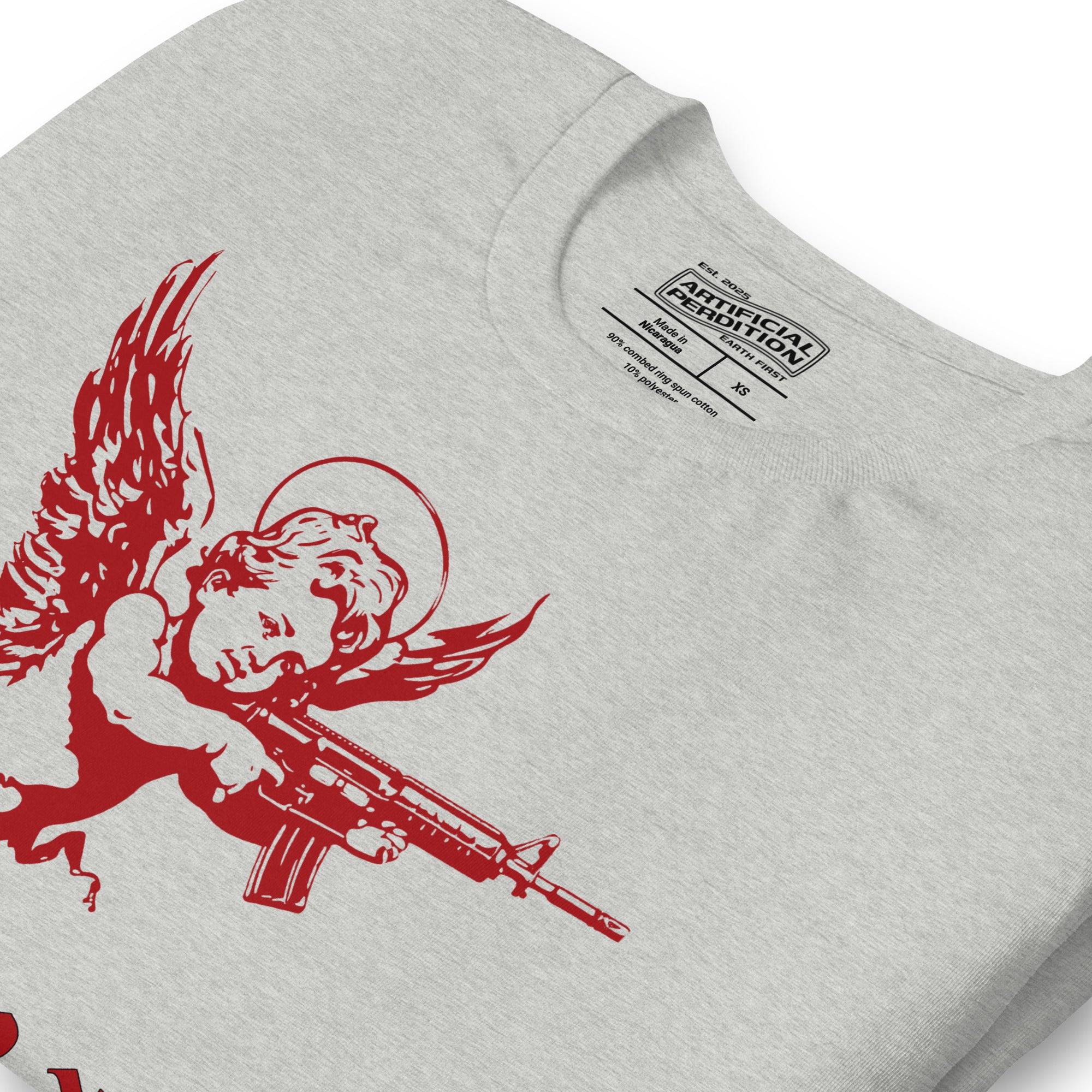 Red cherub angel with halo aiming rifle above blackletter True Love text, dark ironic tattoo flash style, Artificial Perdition apparel