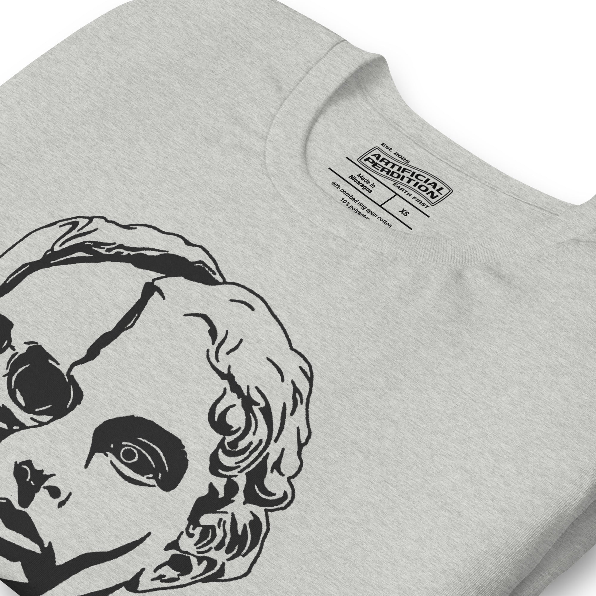 Split face illustration, half classical sculpture bust and half skull, black and white high contrast, Dead Inside, Artificial Perdition apparel