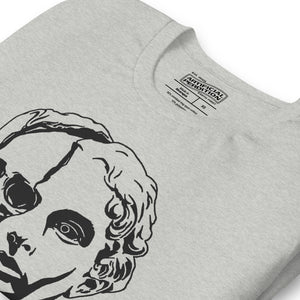 Split face illustration, half classical sculpture bust and half skull, black and white high contrast, Dead Inside, Artificial Perdition apparel