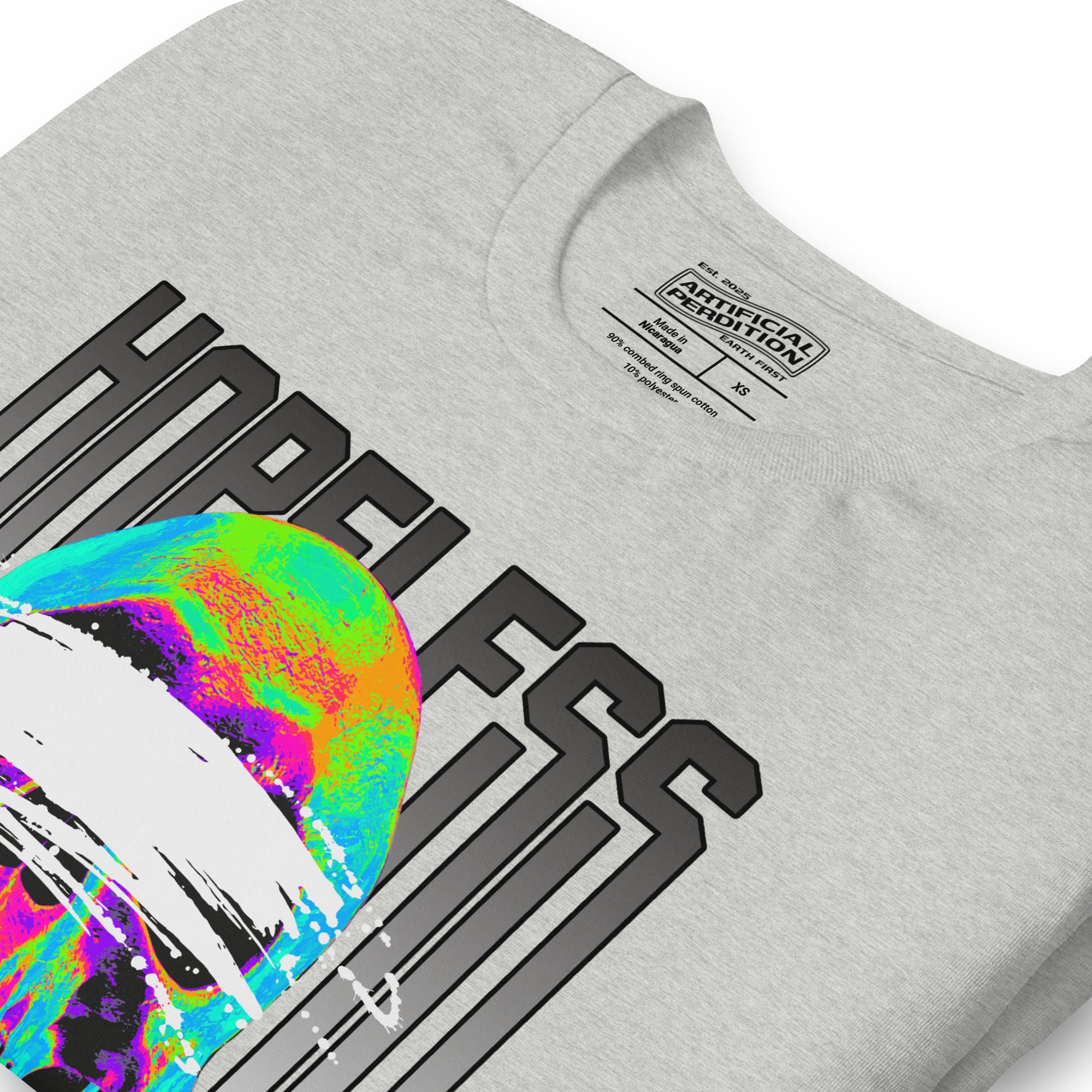 Blindfolded skull in thermal heat-map colors with bold chrome HOPELESS text, psychological horror design, Artificial Perdition apparel