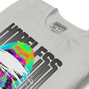 Blindfolded skull in thermal heat-map colors with bold chrome HOPELESS text, psychological horror design, Artificial Perdition apparel