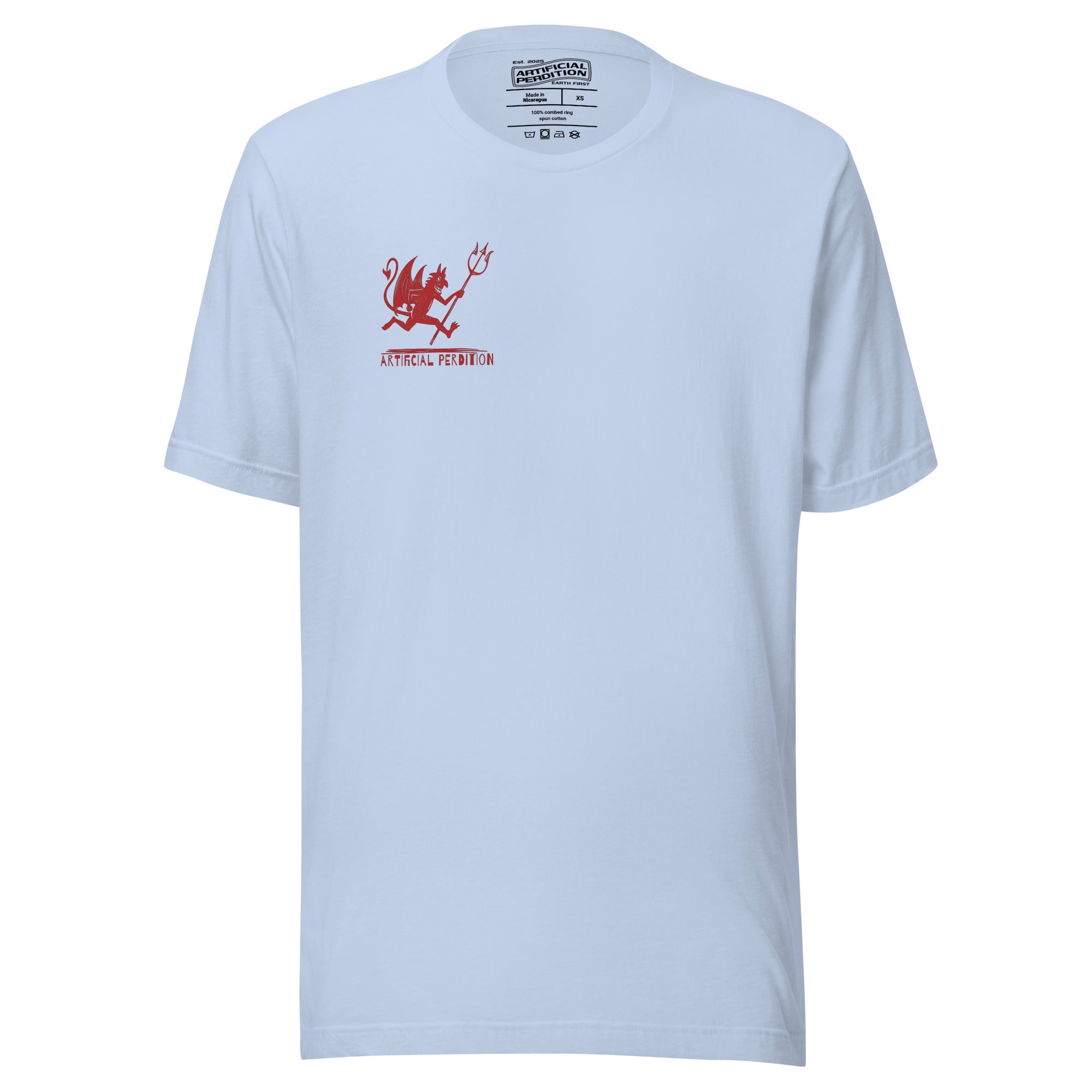 Artificial Perdition devil mascot, red illustrated devil mid-stride with trident and brand name, hand-drawn style on black, official logo tee