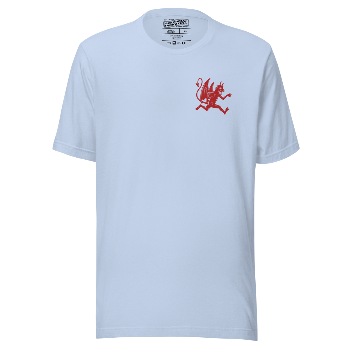 A light blue crewneck t-shirt with a small red devil graphic on the left chest, displayed on a clean white background.