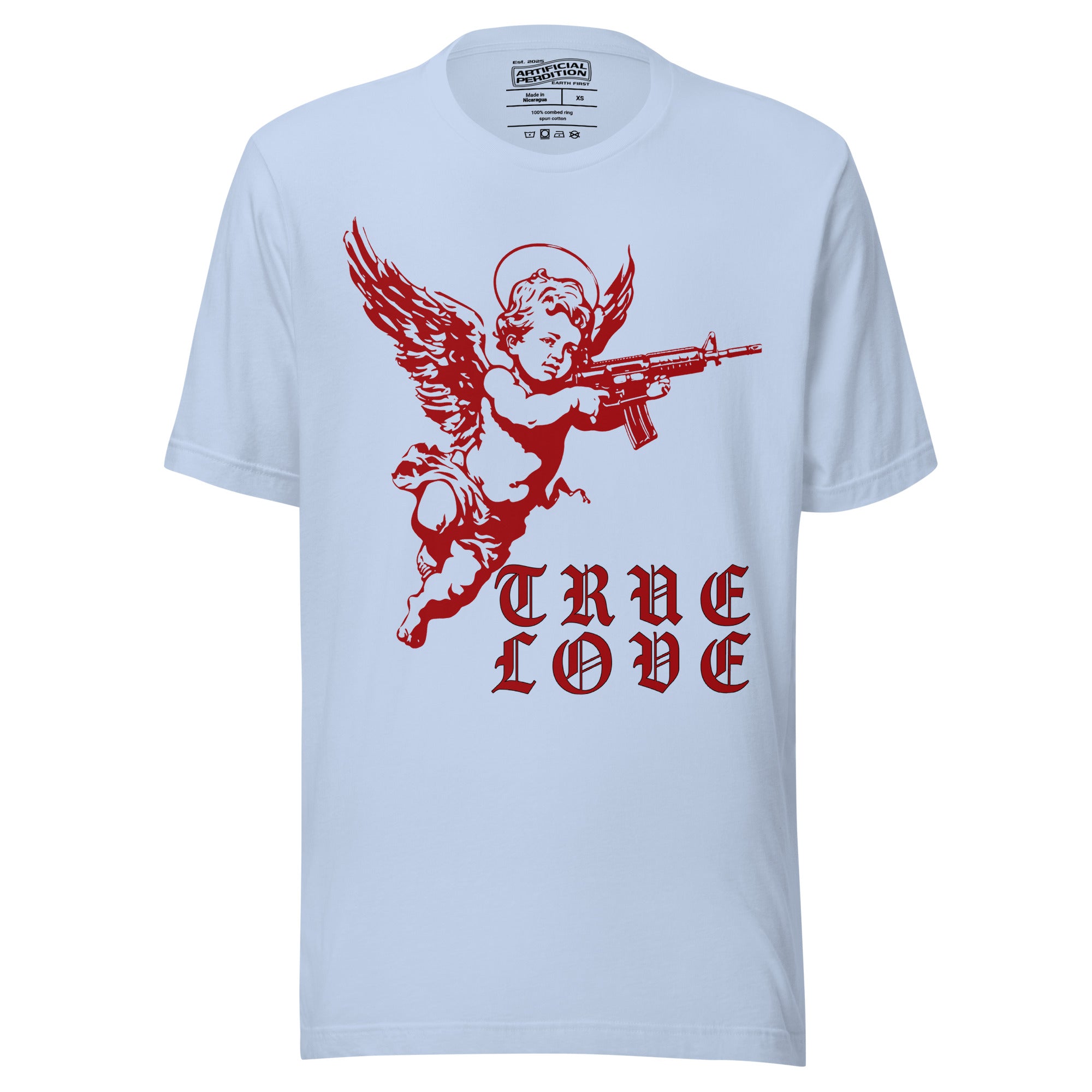 Red cherub angel with halo aiming rifle above blackletter True Love text, dark ironic tattoo flash style, Artificial Perdition apparel