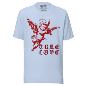 Red cherub angel with halo aiming rifle above blackletter True Love text, dark ironic tattoo flash style, Artificial Perdition apparel