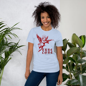Red cherub angel with halo aiming rifle above blackletter True Love text, dark ironic tattoo flash style, Artificial Perdition apparel