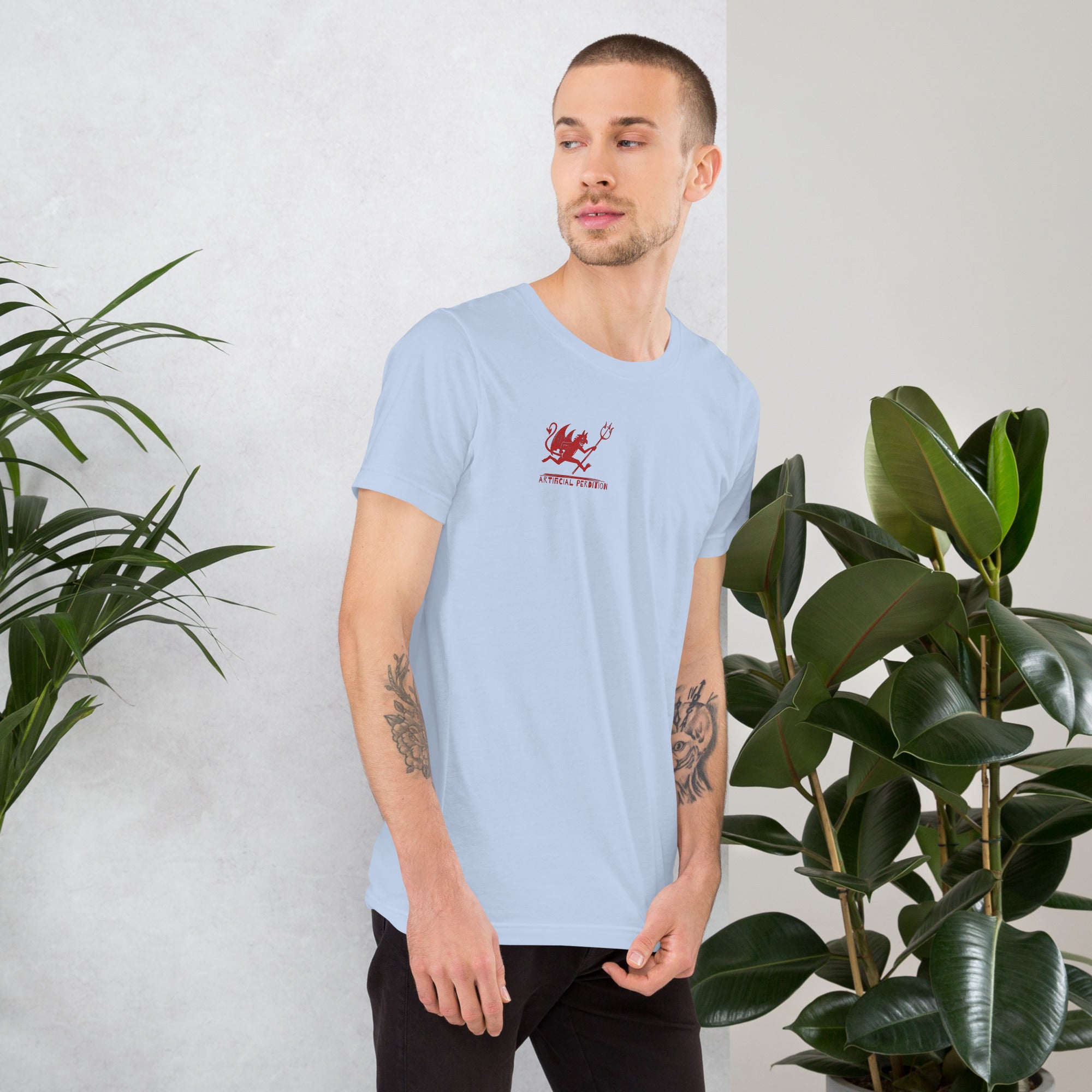 Artificial Perdition devil mascot, red illustrated devil mid-stride with trident and brand name, hand-drawn style on black, official logo tee