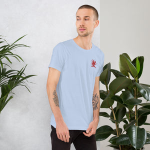 Artificial Perdition devil mascot, red illustrated devil mid-stride with trident and brand name, hand-drawn style on black, official logo tee