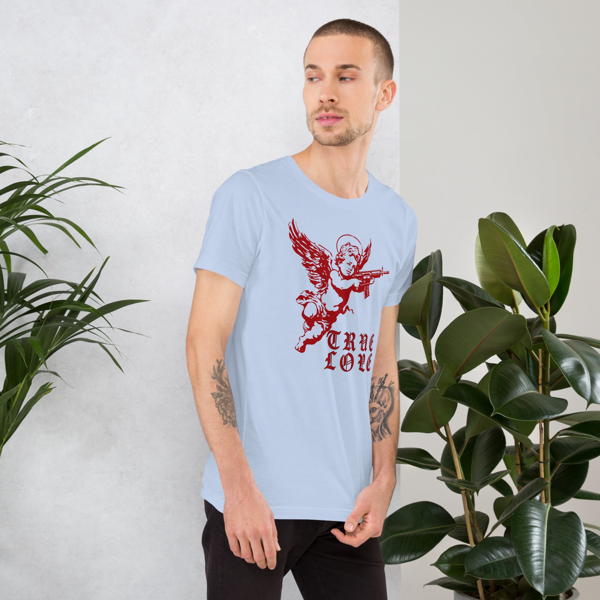Red cherub angel with halo aiming rifle above blackletter True Love text, dark ironic tattoo flash style, Artificial Perdition apparel