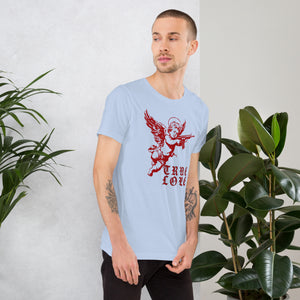 Red cherub angel with halo aiming rifle above blackletter True Love text, dark ironic tattoo flash style, Artificial Perdition apparel