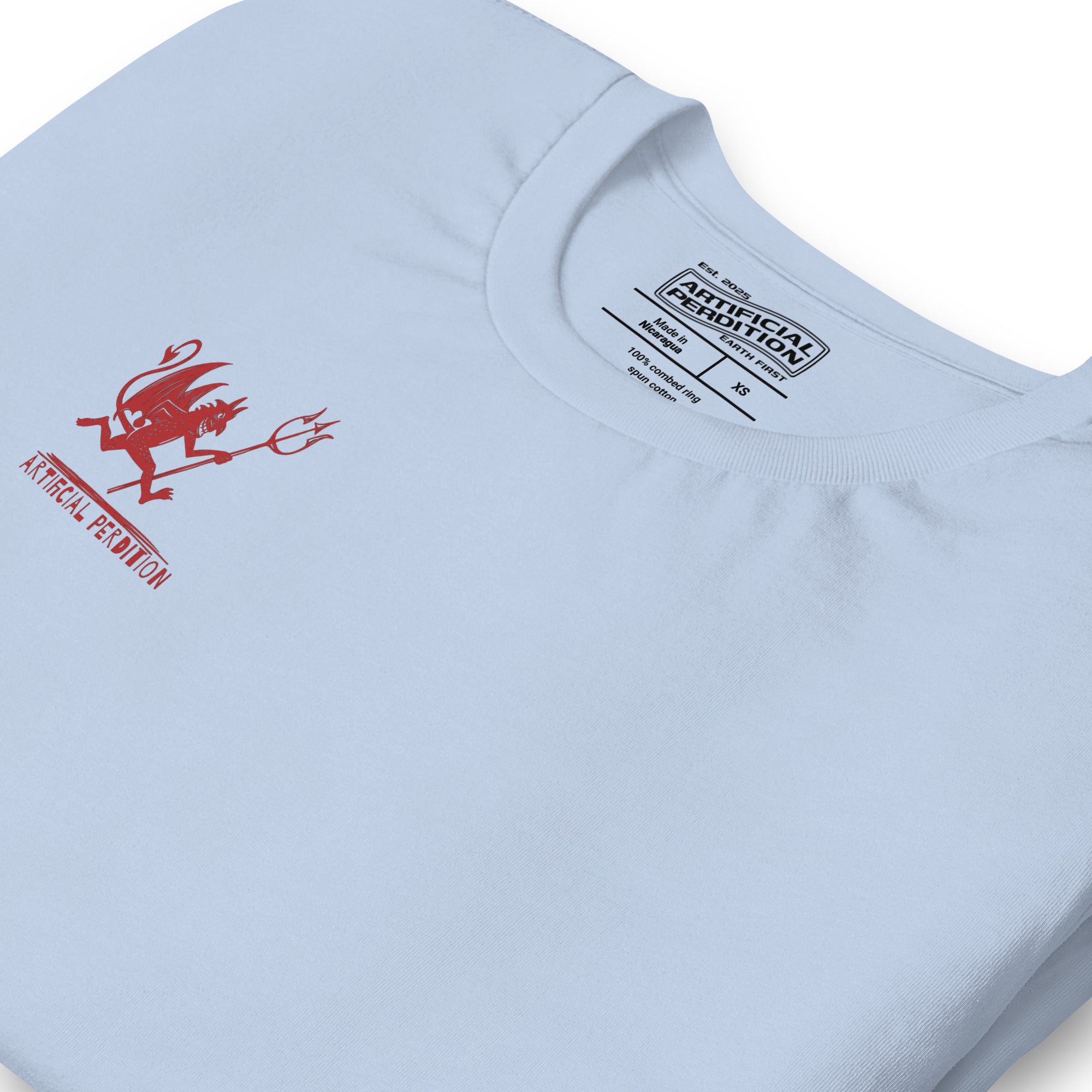 Artificial Perdition devil mascot, red illustrated devil mid-stride with trident and brand name, hand-drawn style on black, official logo tee