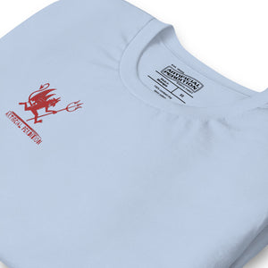 Artificial Perdition devil mascot, red illustrated devil mid-stride with trident and brand name, hand-drawn style on black, official logo tee