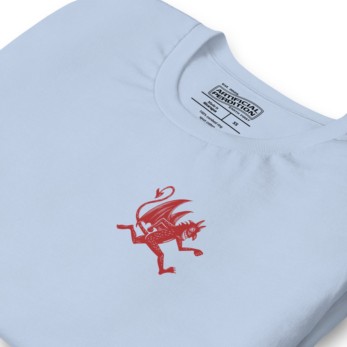 Artificial Perdition devil mascot, red illustrated devil mid-stride with trident and brand name, hand-drawn style on black, official logo tee