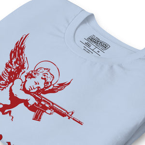 Red cherub angel with halo aiming rifle above blackletter True Love text, dark ironic tattoo flash style, Artificial Perdition apparel