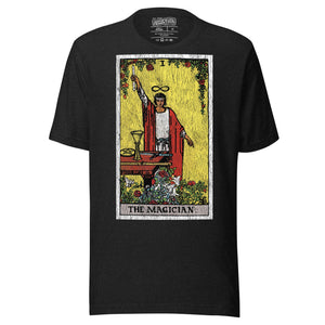 The Magician tarot card, robed figure with wand raised and lemniscate overhead, four suits on table, Rider-Waite style, Artificial Perdition