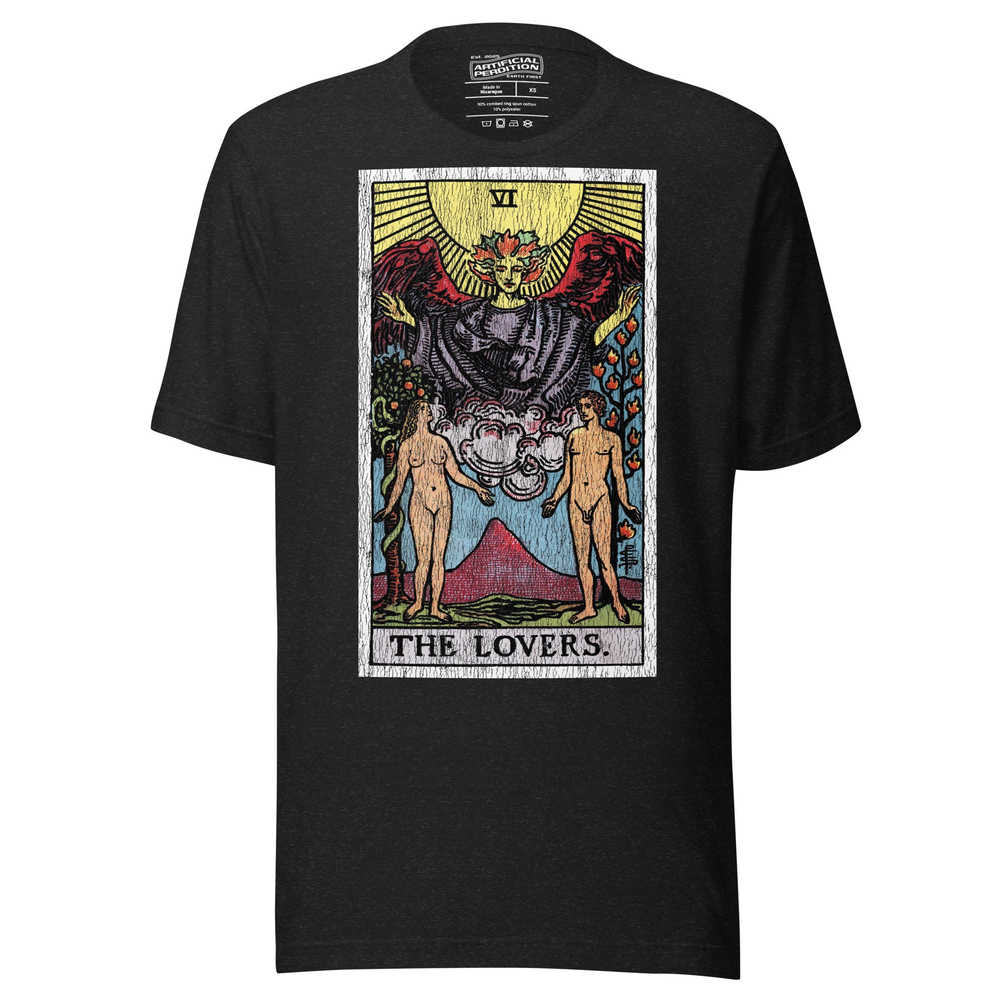 Product mockupThe Lovers tarot card, unveiled man and woman beneath winged figure with Tree of Life and serpent-wrapped Tree of Knowledge, Rider-Waite style, Artificial Perdition