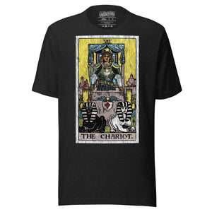The Chariot tarot card, armored figure with starred crown riding chariot drawn by black and white sphinxes, city walls behind, Rider-Waite style, Artificial Perdition


