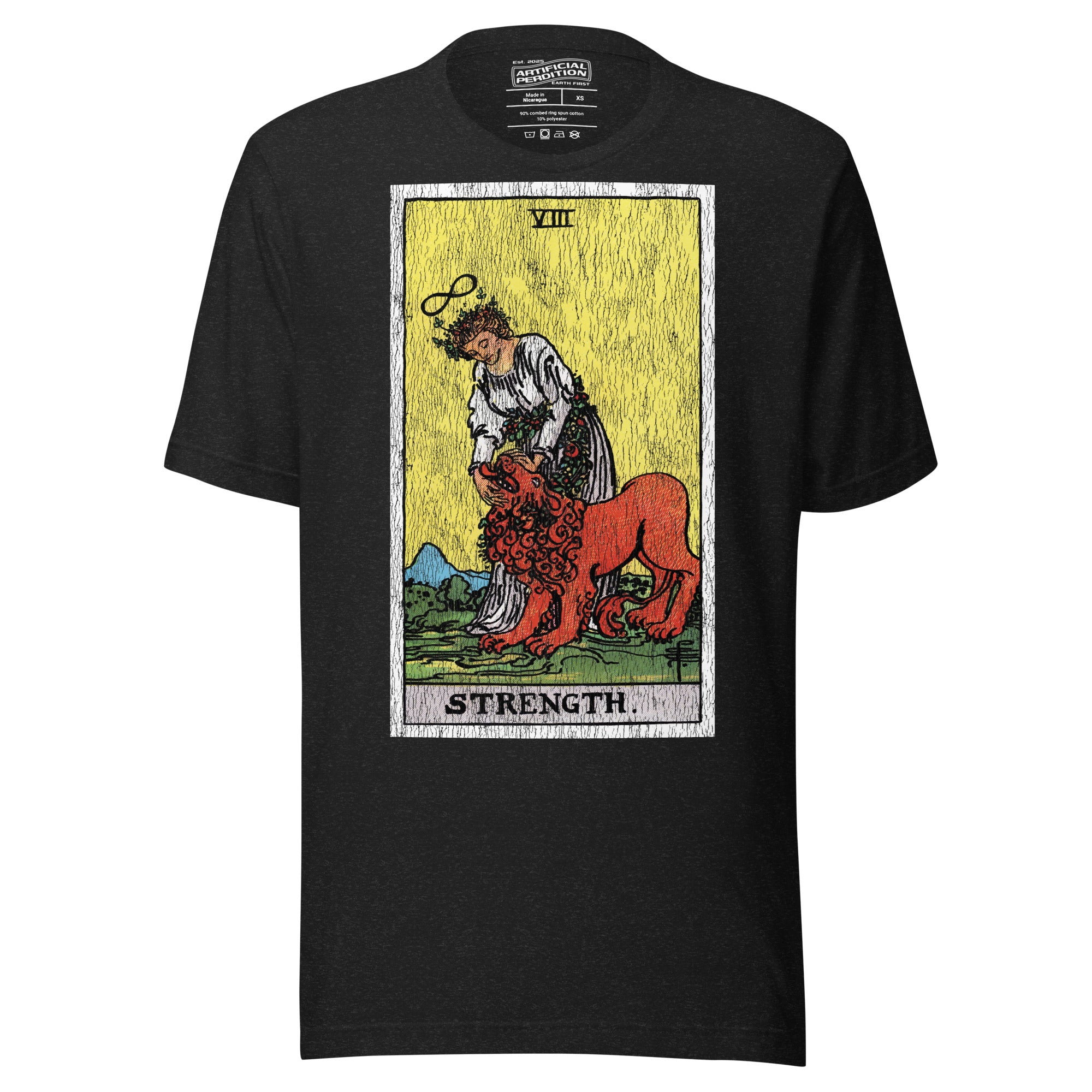 Card eight. The lion is already subdued, led by a chain of flowers. Strength is the quiet kind — fortitude, not force. Rider-Waite tarot apparel.