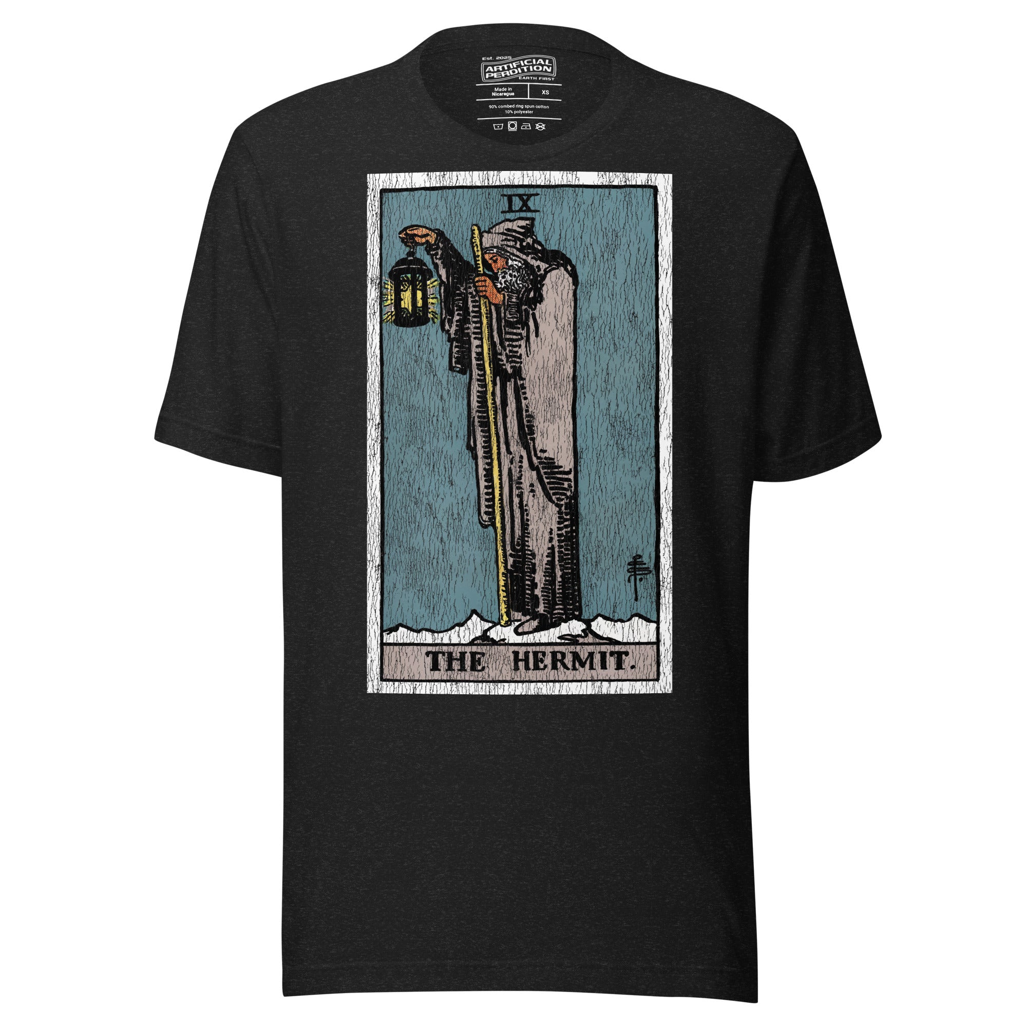 The Hermit tarot card, hooded robed figure on snowy summit holding a staff and lantern with star inside, Rider-Waite style, Artificial Perdition