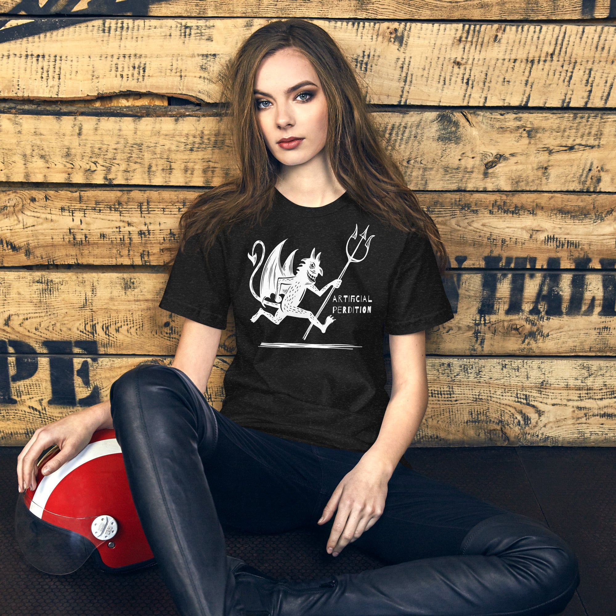 Artificial Perdition devil mascot, red illustrated devil mid-stride with trident and brand name, hand-drawn style on black, official logo tee