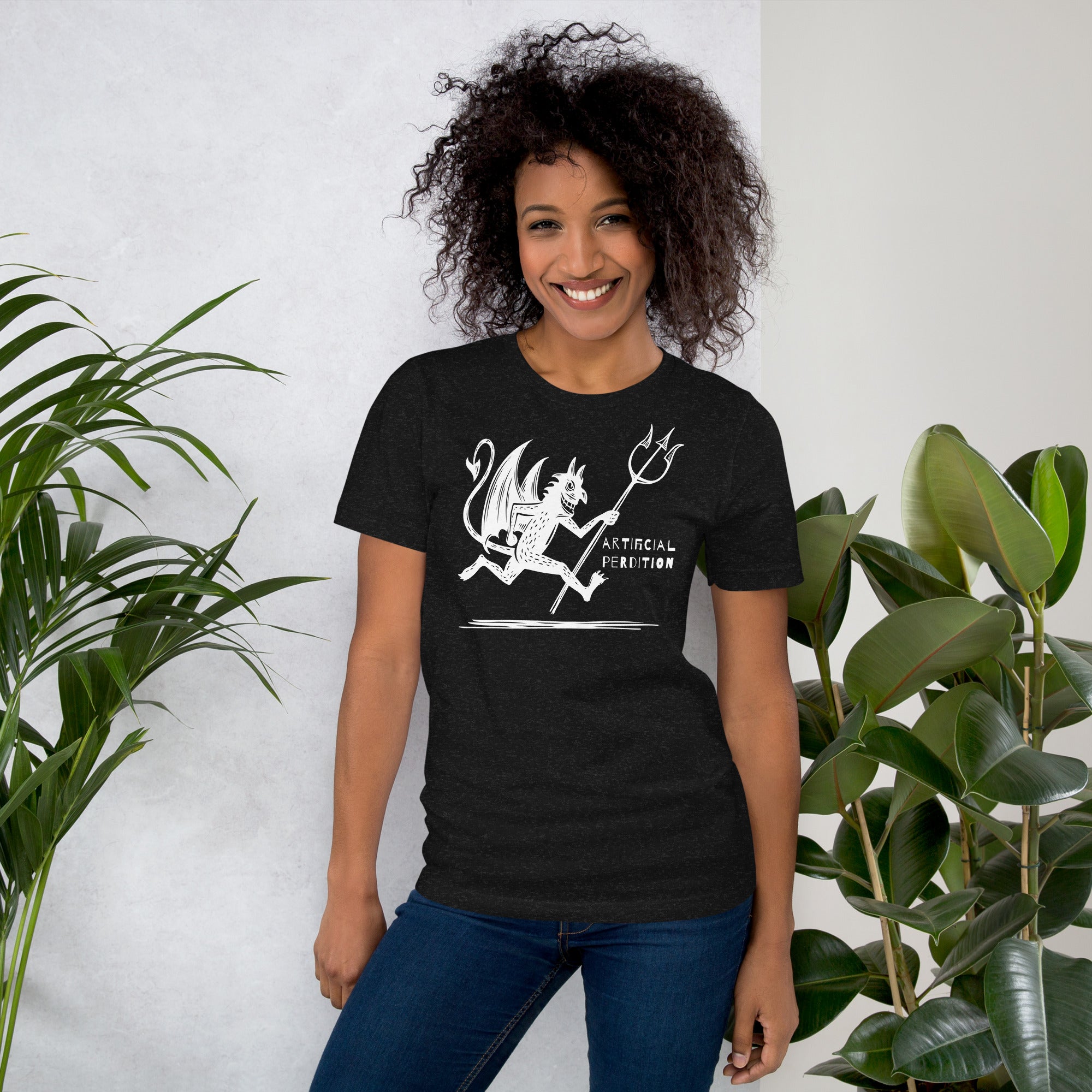 Artificial Perdition devil mascot, red illustrated devil mid-stride with trident and brand name, hand-drawn style on black, official logo tee