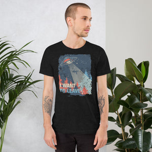 Retro poster style UFO beaming down into a midnight forest with I WANT TO LEAVE text, red and blue palette, Artificial Perdition apparel
