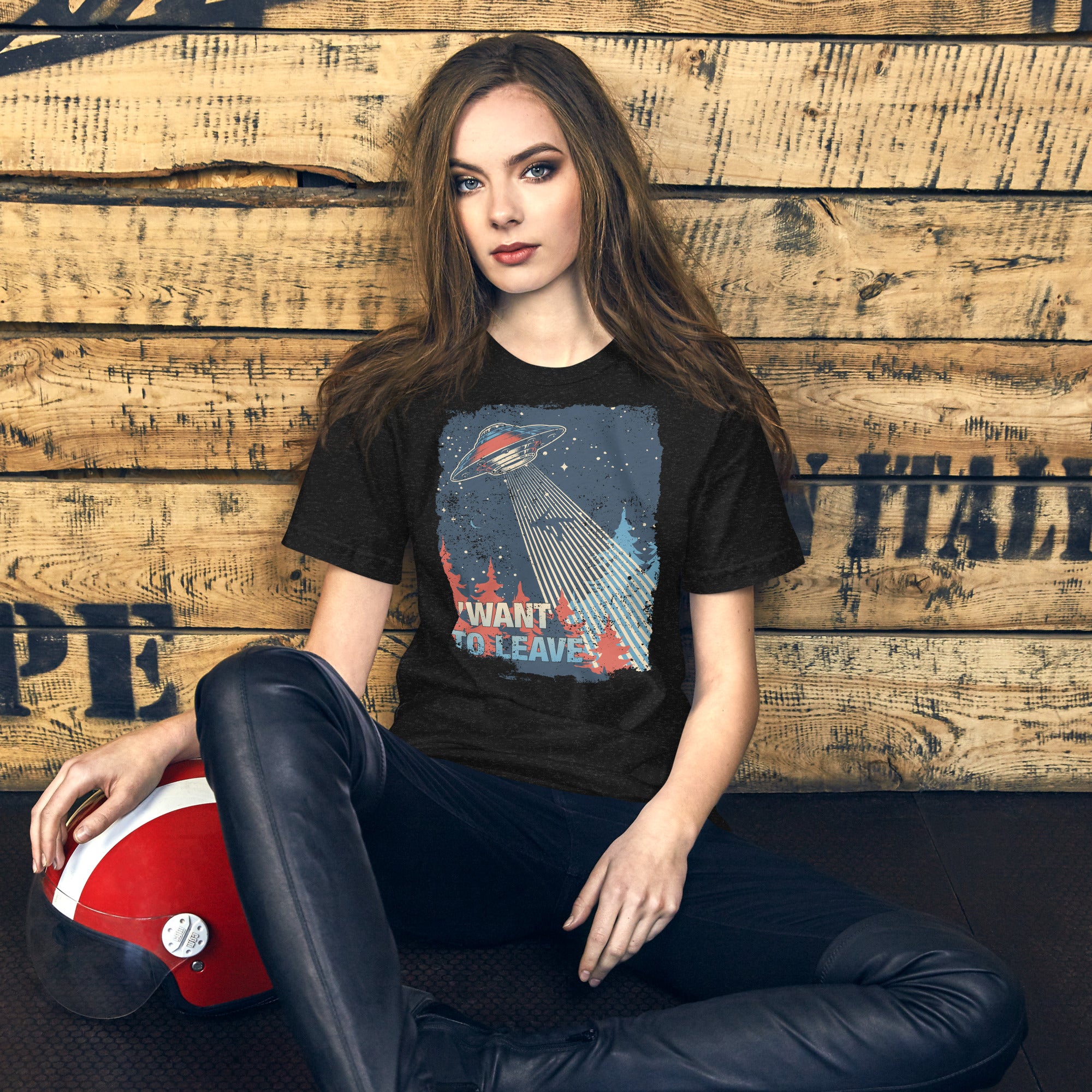 Retro poster style UFO beaming down into a midnight forest with I WANT TO LEAVE text, red and blue palette, Artificial Perdition apparel