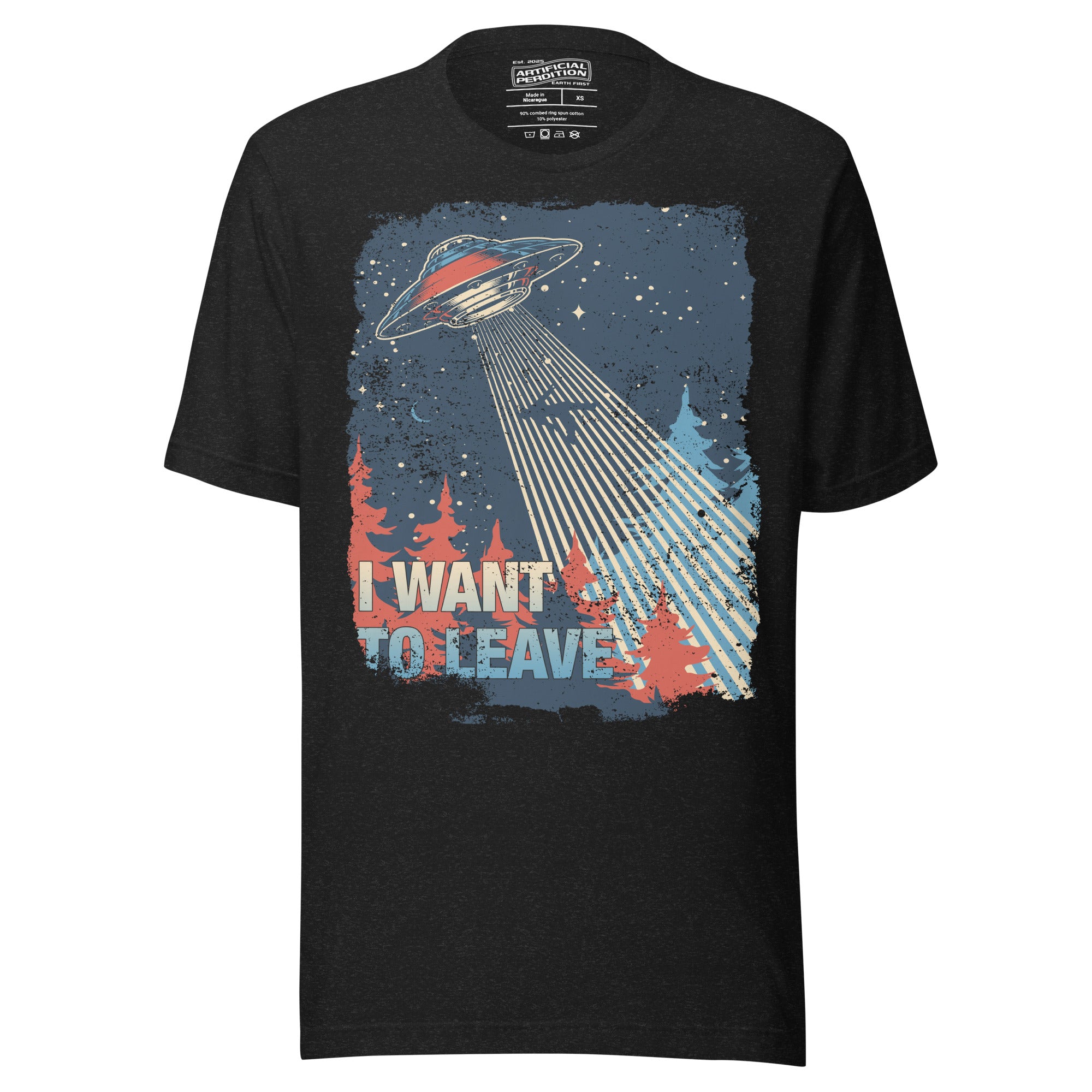 Retro poster style UFO beaming down into a midnight forest with I WANT TO LEAVE text, red and blue palette, Artificial Perdition apparel
