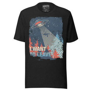 Retro poster style UFO beaming down into a midnight forest with I WANT TO LEAVE text, red and blue palette, Artificial Perdition apparel